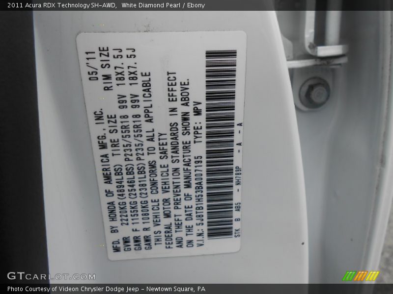 2011 RDX Technology SH-AWD White Diamond Pearl Color Code NH788P