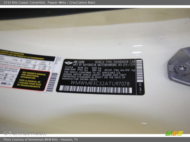 Pepper White / Grey/Carbon Black 2010 Mini Cooper Convertible