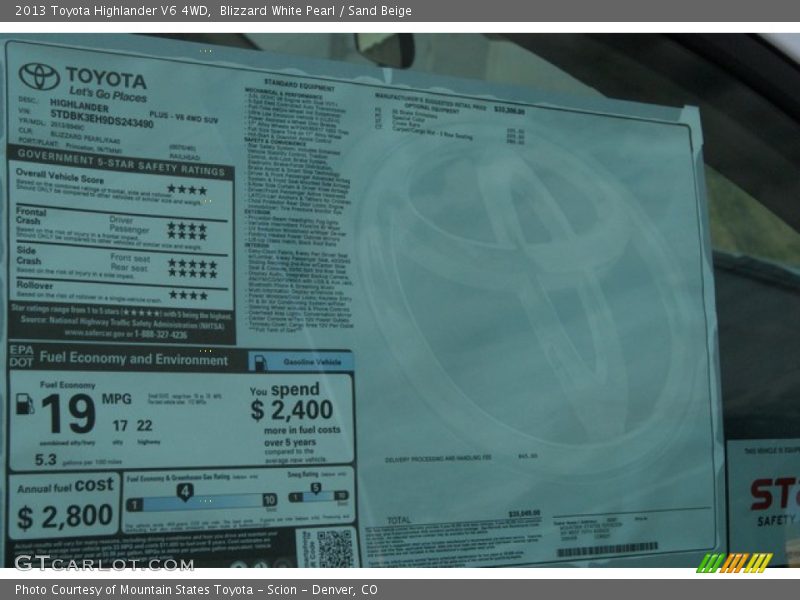 Blizzard White Pearl / Sand Beige 2013 Toyota Highlander V6 4WD