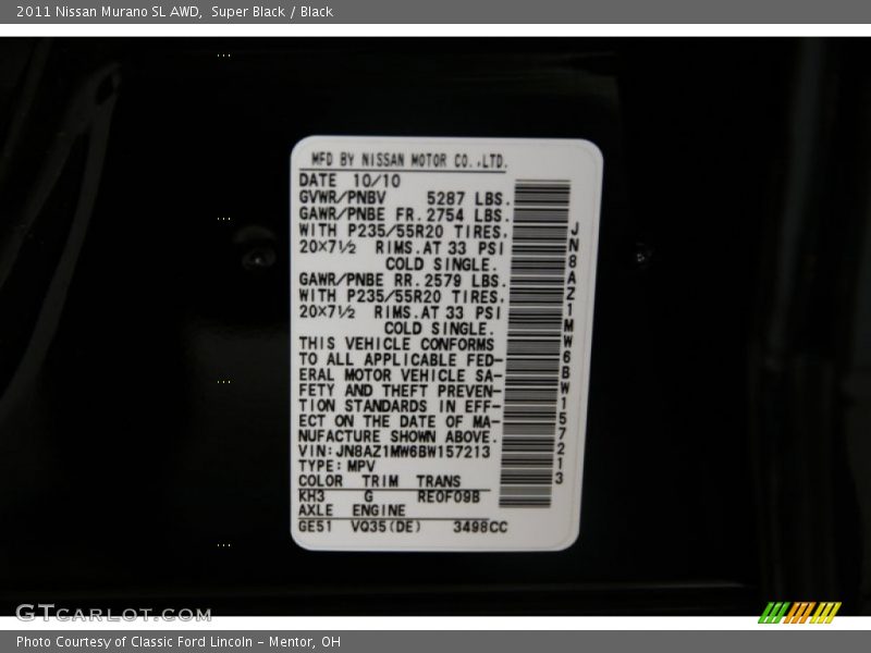 Super Black / Black 2011 Nissan Murano SL AWD