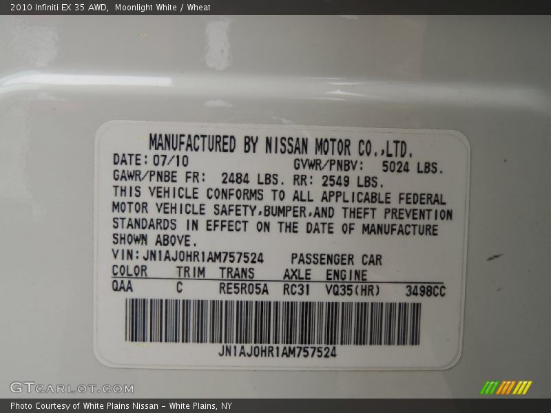 Moonlight White / Wheat 2010 Infiniti EX 35 AWD