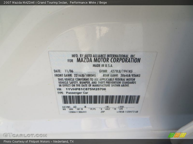 2007 MAZDA6 i Grand Touring Sedan Performance White Color Code A2N