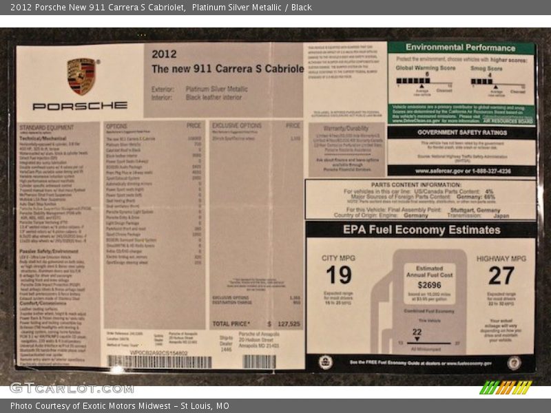  2012 New 911 Carrera S Cabriolet Window Sticker