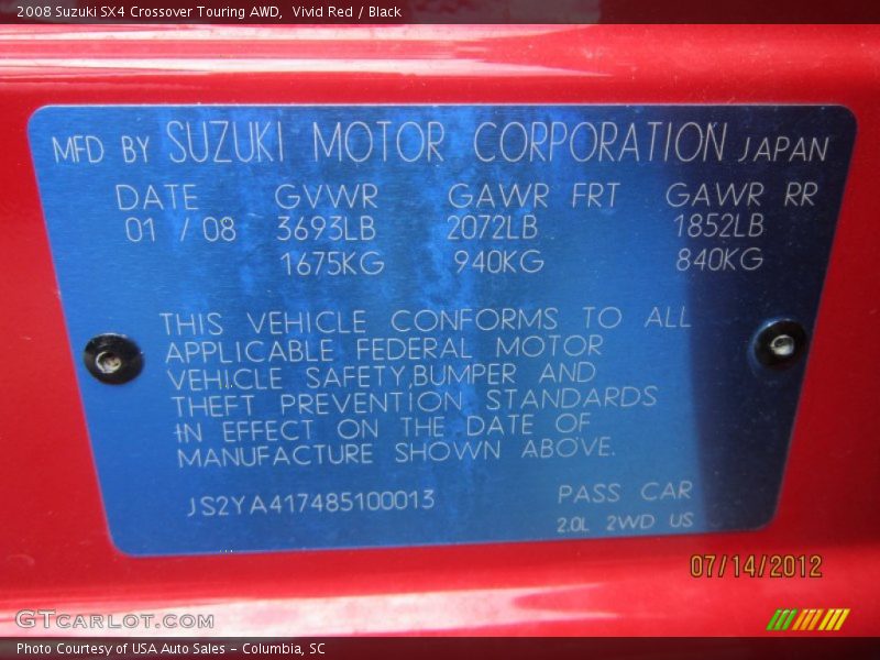 Vivid Red / Black 2008 Suzuki SX4 Crossover Touring AWD
