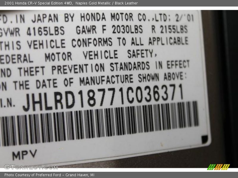 Naples Gold Metallic / Black Leather 2001 Honda CR-V Special Edition 4WD