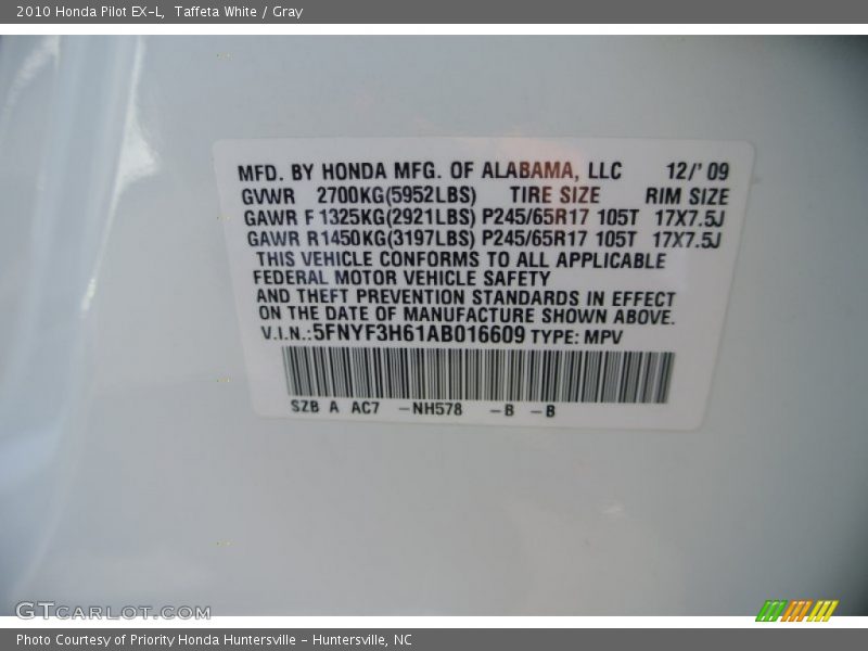 Taffeta White / Gray 2010 Honda Pilot EX-L