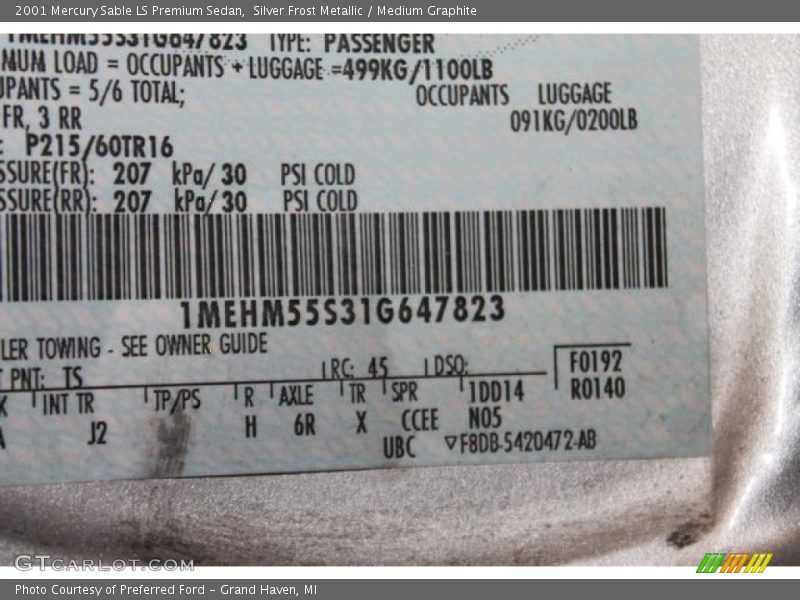 2001 Sable LS Premium Sedan Silver Frost Metallic Color Code TS