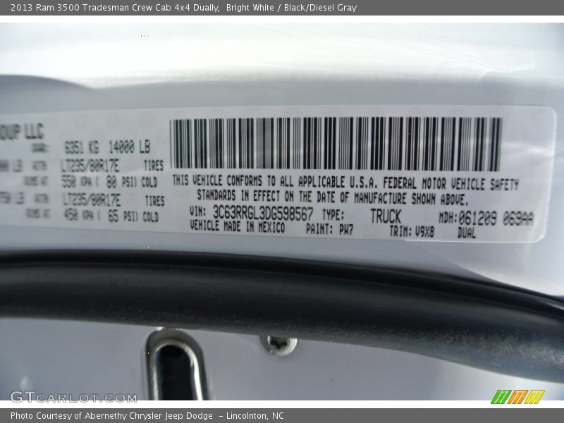 2013 3500 Tradesman Crew Cab 4x4 Dually Bright White Color Code PW7