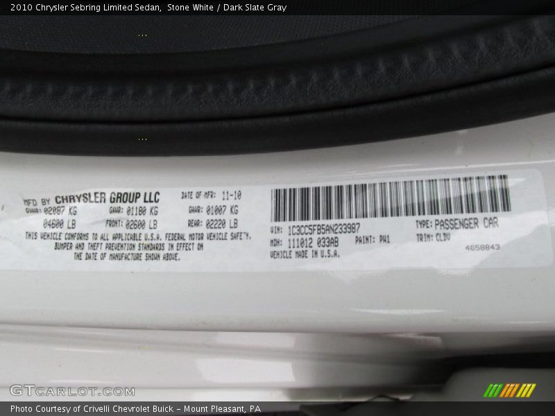 Stone White / Dark Slate Gray 2010 Chrysler Sebring Limited Sedan