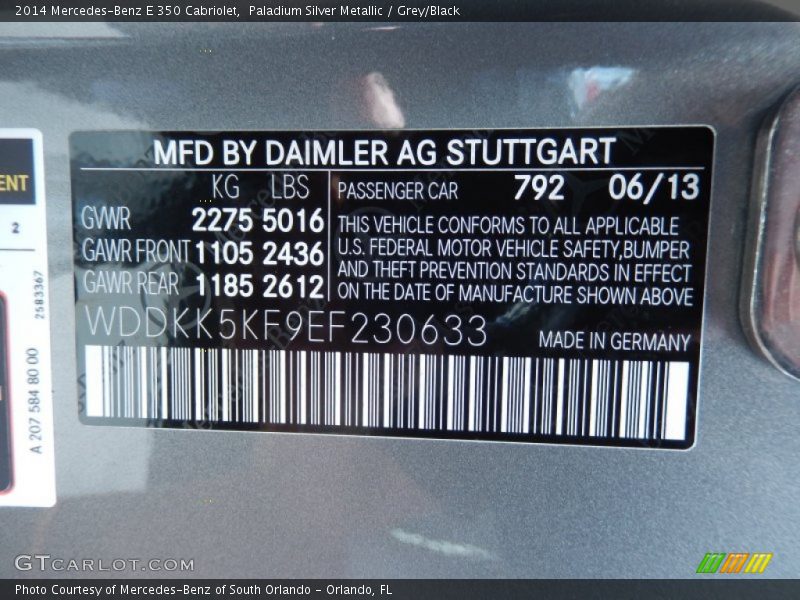 Paladium Silver Metallic / Grey/Black 2014 Mercedes-Benz E 350 Cabriolet