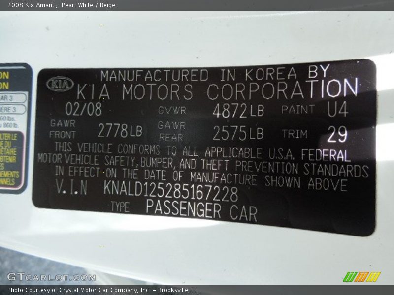 Pearl White / Beige 2008 Kia Amanti