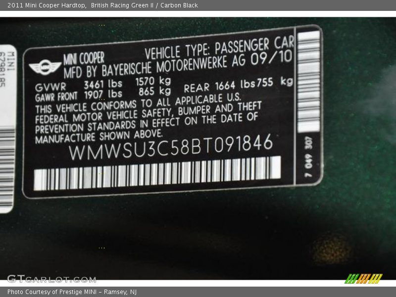 British Racing Green II / Carbon Black 2011 Mini Cooper Hardtop