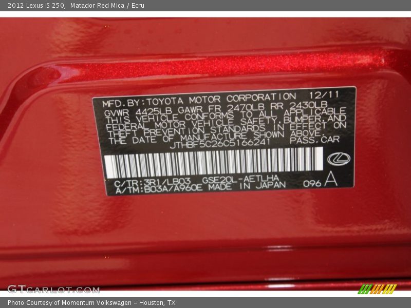 2012 IS 250 Matador Red Mica Color Code 3R1