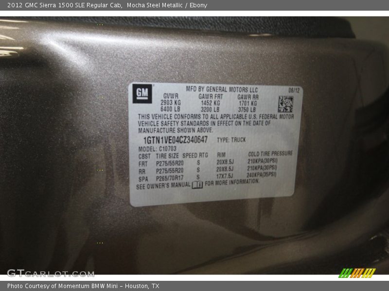 Info Tag of 2012 Sierra 1500 SLE Regular Cab