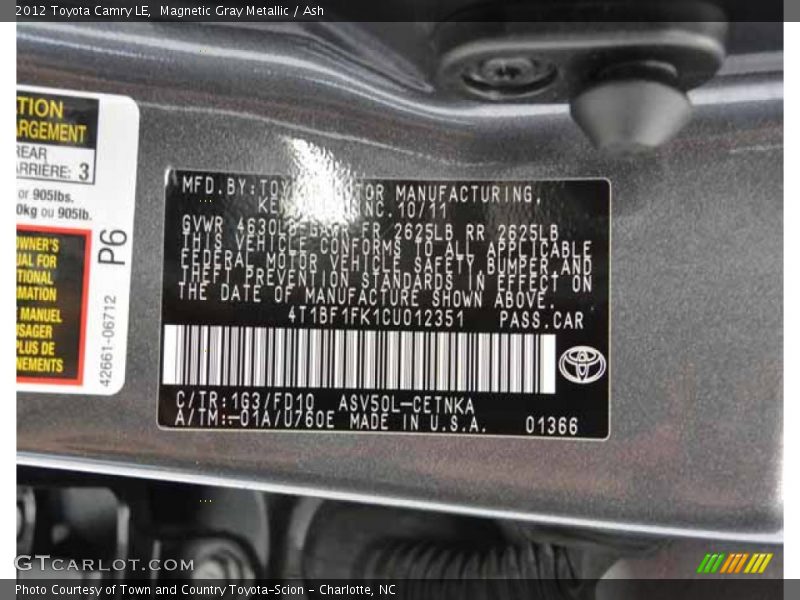 Magnetic Gray Metallic / Ash 2012 Toyota Camry LE