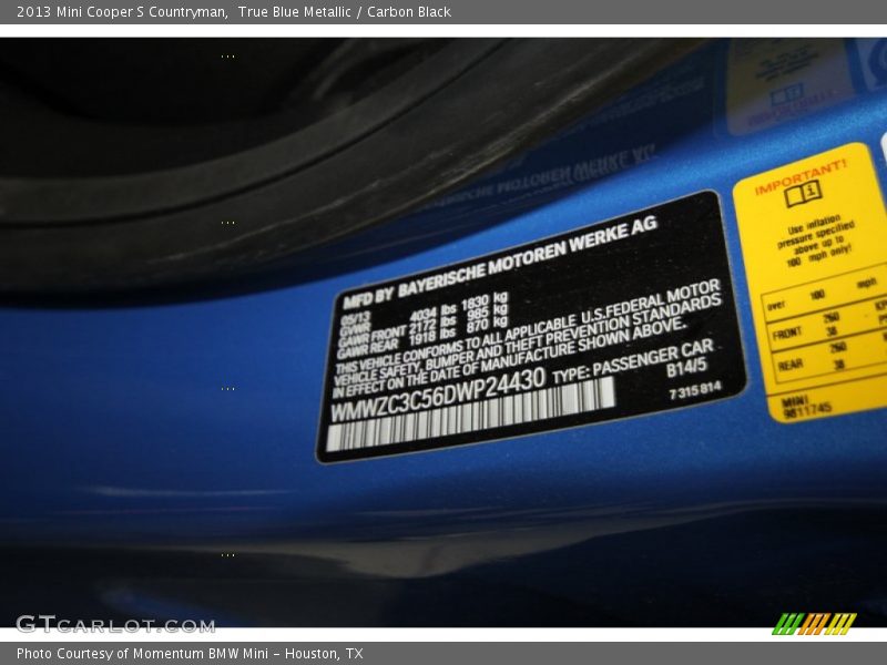 True Blue Metallic / Carbon Black 2013 Mini Cooper S Countryman