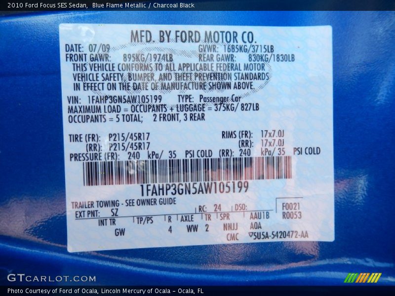 2010 Focus SES Sedan Blue Flame Metallic Color Code SZ