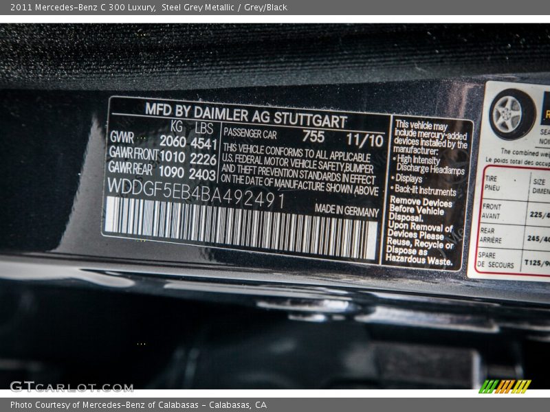 Steel Grey Metallic / Grey/Black 2011 Mercedes-Benz C 300 Luxury