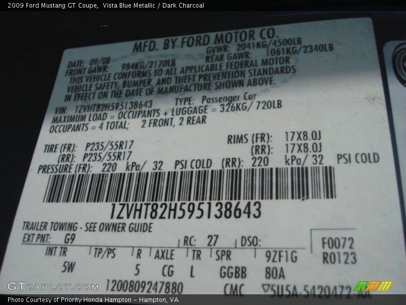 Vista Blue Metallic / Dark Charcoal 2009 Ford Mustang GT Coupe