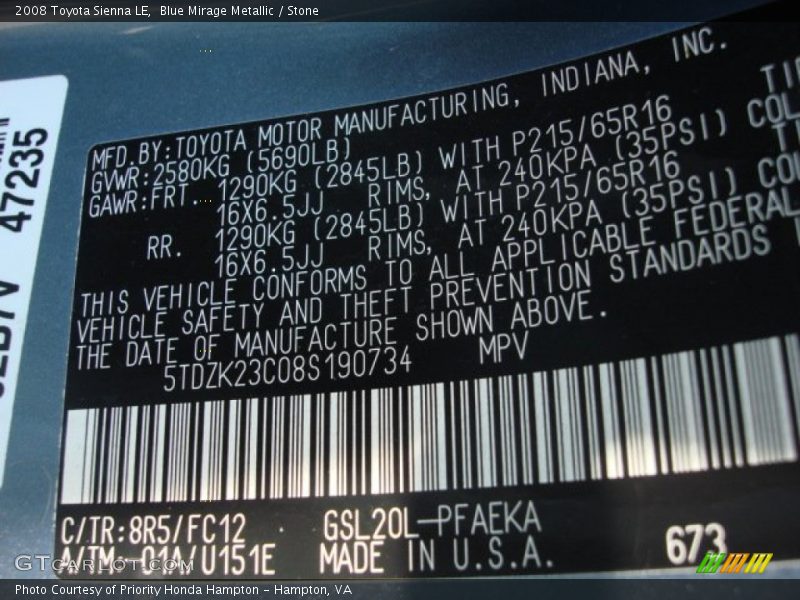 Blue Mirage Metallic / Stone 2008 Toyota Sienna LE