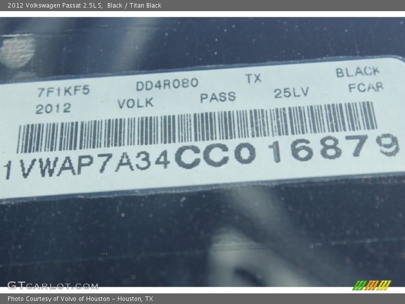 Black / Titan Black 2012 Volkswagen Passat 2.5L S