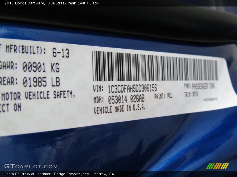 Blue Streak Pearl Coat / Black 2013 Dodge Dart Aero