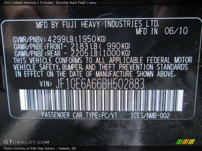 Obsidian Black Pearl / Ivory 2011 Subaru Impreza 2.5i Sedan
