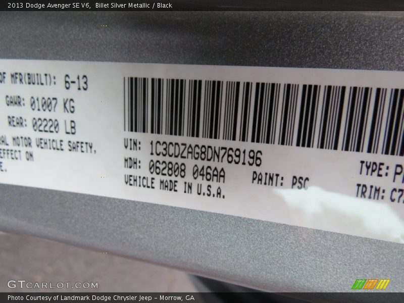 Billet Silver Metallic / Black 2013 Dodge Avenger SE V6