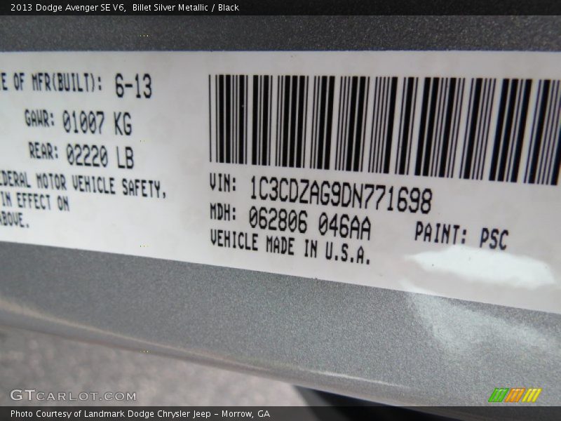 Billet Silver Metallic / Black 2013 Dodge Avenger SE V6