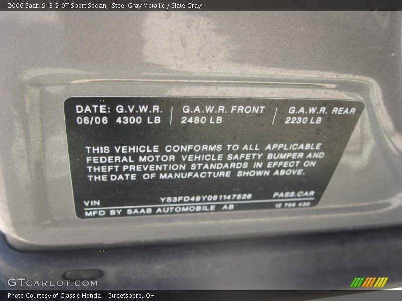 Steel Gray Metallic / Slate Gray 2006 Saab 9-3 2.0T Sport Sedan