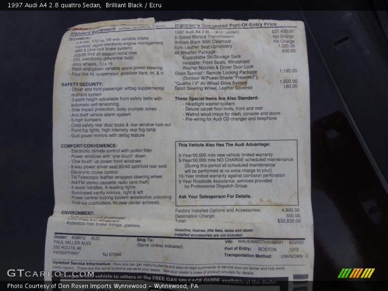  1997 A4 2.8 quattro Sedan Window Sticker