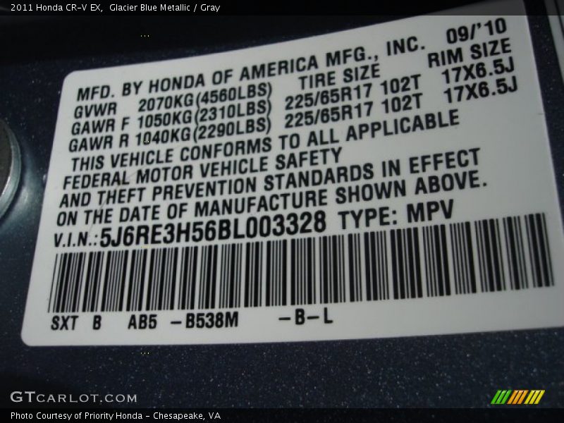 Glacier Blue Metallic / Gray 2011 Honda CR-V EX