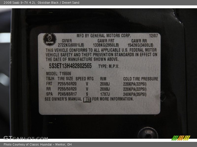 Info Tag of 2008 9-7X 4.2i