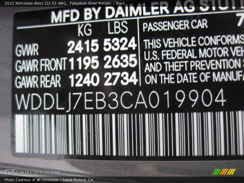Palladium Silver Metallic / Black 2012 Mercedes-Benz CLS 63 AMG