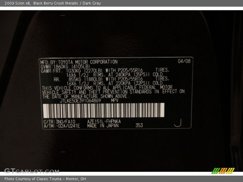 Black Berry Crush Metallic / Dark Gray 2009 Scion xB