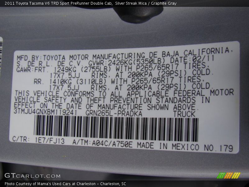 Silver Streak Mica / Graphite Gray 2011 Toyota Tacoma V6 TRD Sport PreRunner Double Cab