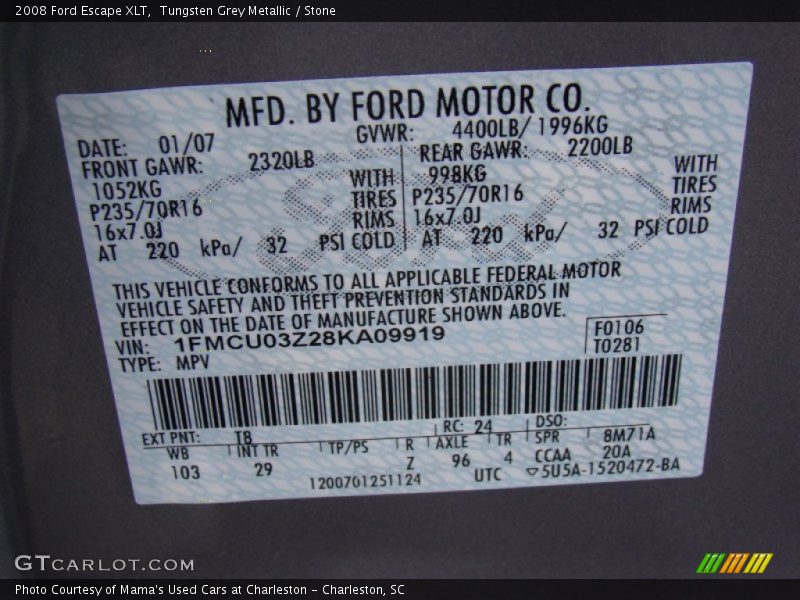 Tungsten Grey Metallic / Stone 2008 Ford Escape XLT