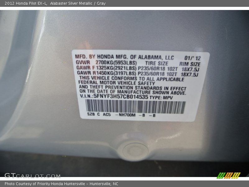 Alabaster Silver Metallic / Gray 2012 Honda Pilot EX-L