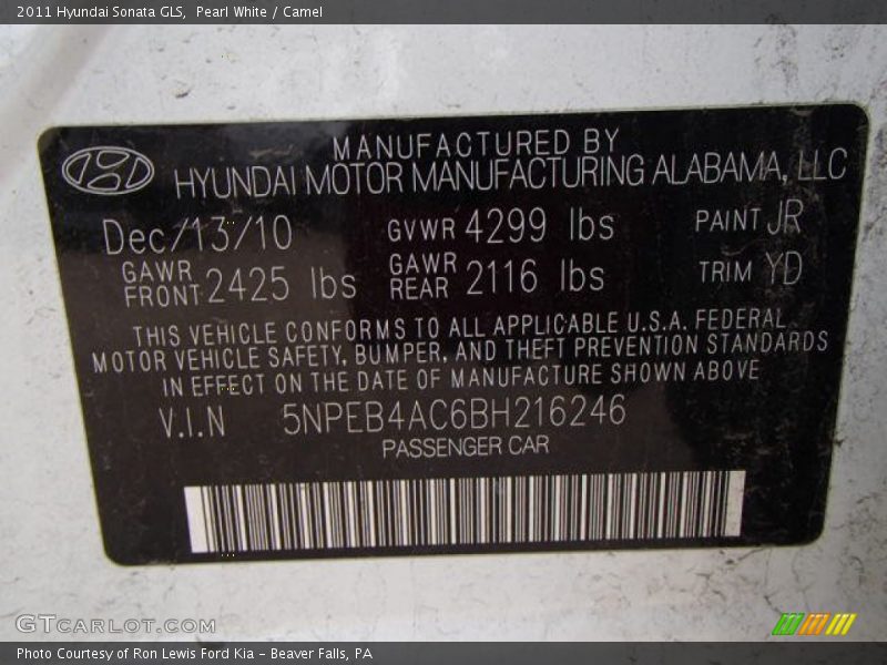 Pearl White / Camel 2011 Hyundai Sonata GLS