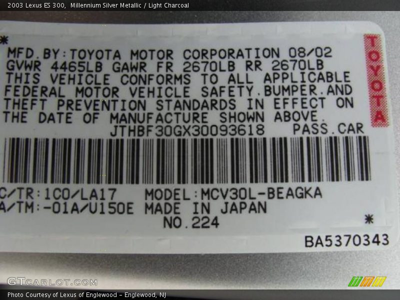 Millennium Silver Metallic / Light Charcoal 2003 Lexus ES 300
