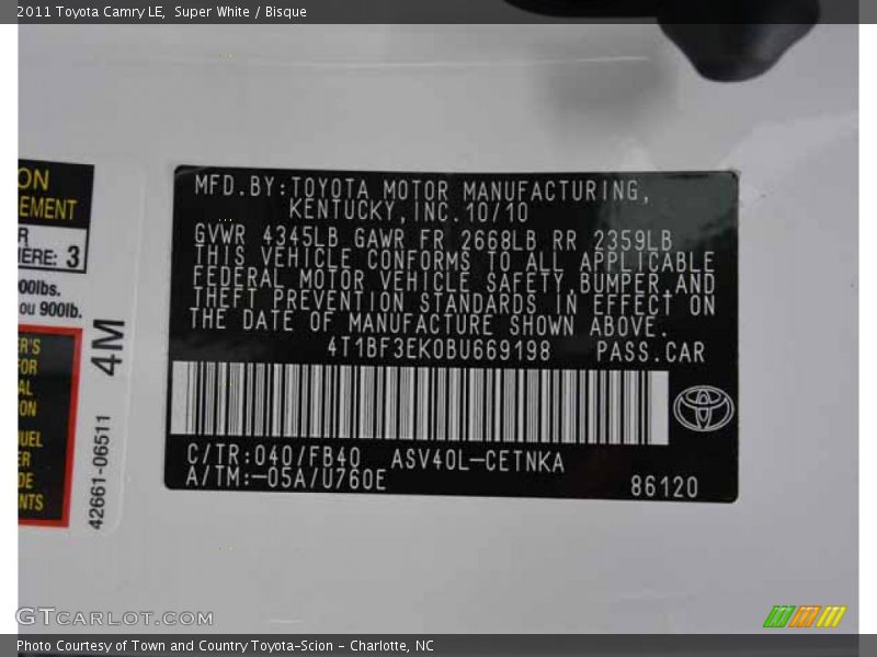 2011 Camry LE Super White Color Code 040