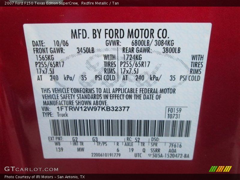 Redfire Metallic / Tan 2007 Ford F150 Texas Edition SuperCrew