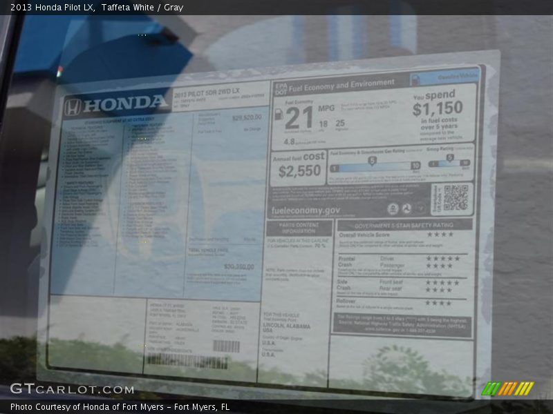 Taffeta White / Gray 2013 Honda Pilot LX