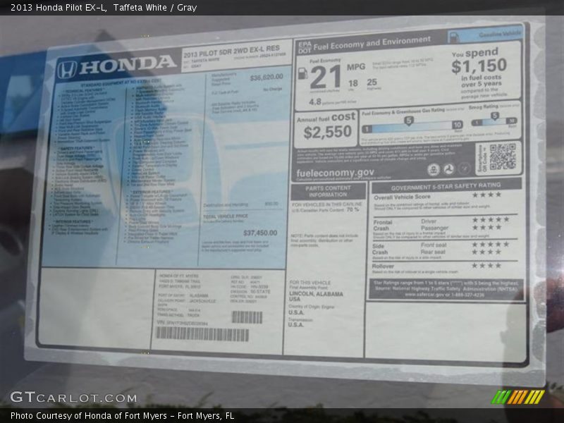 Taffeta White / Gray 2013 Honda Pilot EX-L