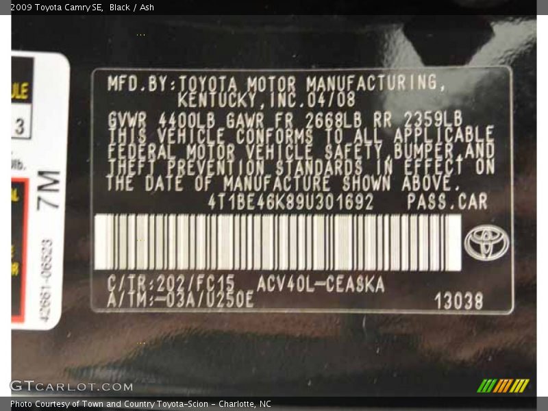 Black / Ash 2009 Toyota Camry SE