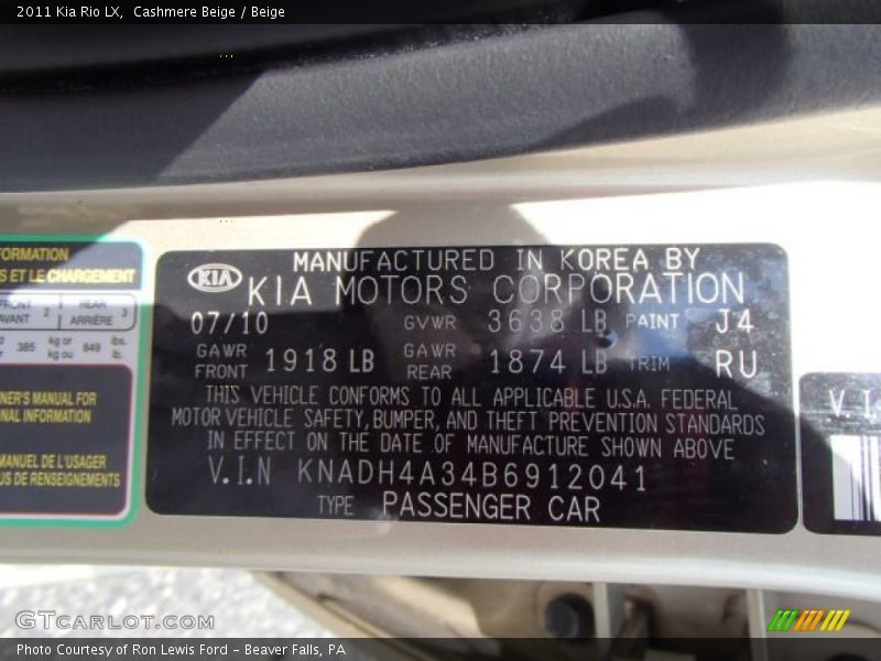 Cashmere Beige / Beige 2011 Kia Rio LX