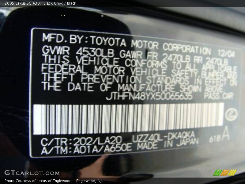 Black Onyx / Black 2005 Lexus SC 430
