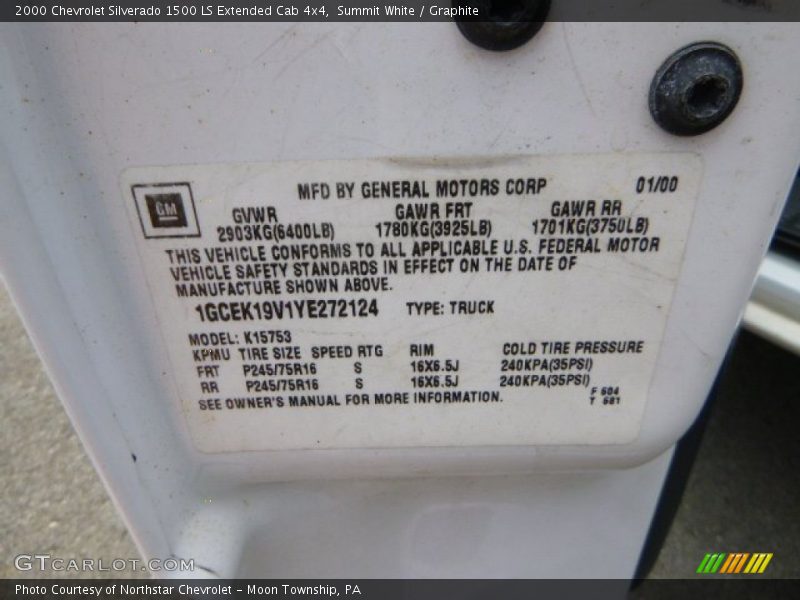 Info Tag of 2000 Silverado 1500 LS Extended Cab 4x4