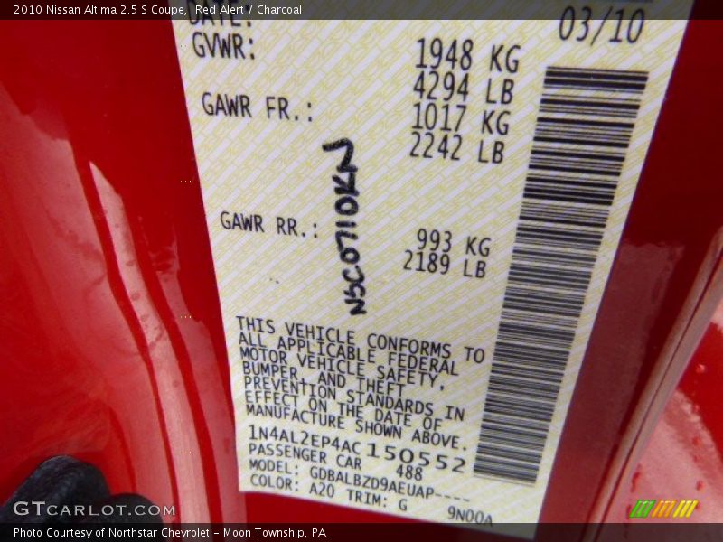 Red Alert / Charcoal 2010 Nissan Altima 2.5 S Coupe