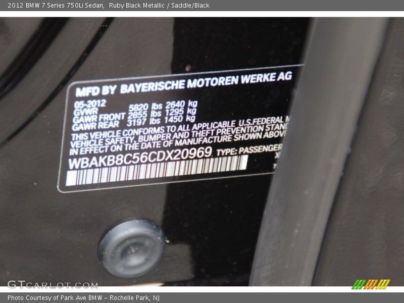 Info Tag of 2012 7 Series 750Li Sedan